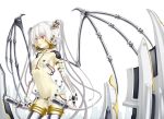  1girl android armor cable fingerless_gloves flat_chest gloves mechanical_wings nail_polish original parted_lips red_eyes science_fiction simple_background solo terumii thighhighs twintails white_background white_hair wings 
