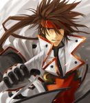  1boy black_gloves brown_hair forehead_protector gloves guilty_gear headband long_hair noco order_sol ponytail popped_collar red_eyes reverse_grip sol_badguy solo spiky_hair sword uniform weapon 