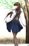  long_hair midriff seifuku skirt thigh_highs uniform 