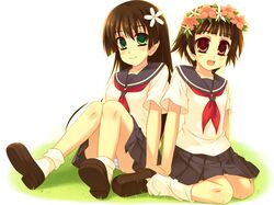  2girls brown_eyes brown_hair brown_shoes flower grass green_eyes open_mouth outdoors pantyshot saten_ruiko school_uniform serafuku shoes short_hair sitting smile socks striped_underwear tagme to_aru_kagaku_no_railgun uiharu_kazari white_legwear white_socks 