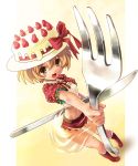  blush boots bow brown_hair cake food food_as_clothes food_themed_clothes foreshortening fork fruit hat katahira_masashi knife midriff navel original oversized_object pastry see_through short_hair skirt strawberry 