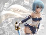  1girl blue_eyes blue_hair blush breasts bubble cape cleavage gloves magical_girl mahou_shoujo_madoka_magica midriff miki_sayaka musical_note short_hair siraha smile solo sword thighhighs treble_clef weapon white_gloves 