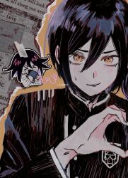  &gt;_&lt; 2boys absurdres ahoge bishounen black_hair blush buttons checkered_clothes checkered_scarf chibi collage_background danganronpa_(series) danganronpa_v3:_killing_harmony eyelashes ff9900 hair_between_eyes heart heart_hands highres long_sleeves looking_at_viewer male_focus multiple_boys newspaper oma_kokichi open_mouth orange_background out_of_frame purple_hair ringed_eyes saihara_shuichi scarf short_hair smile solo_focus sweatdrop teeth tongue tongue_out two-tone_scarf upper_body yellow_eyes 