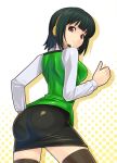  black_hair headset idolmaster kotori_otonashi looking_back mole muhi11234 otonashi_kotori red_eyes short_hair skirt the_idolm@ster thigh_highs thighhighs thumbs_up uniform zettai_ryouiki 