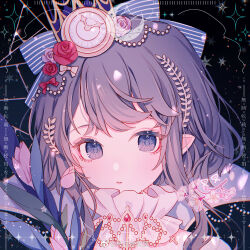  1girl beads black_background blue_bow bow ccha chinese_commentary clock clock_hair_ornament commentary_request commission dot_nose expressionless eyelashes flower gold_bow gold_necklace grey_hair hair_beads hair_bow hair_flower hair_ornament highres jewelry laurel_crown light_blush light_particles lips long_hair looking_at_viewer multiple_hair_bows neck_ruff necklace original parted_lips pink_flower pink_lips pointy_ears purple_flower purple_rose red_bow red_flower red_rose rose sample_watermark sidelocks solo sparkle striped_bow teeth too_many_watermarks tulip upper_body upper_teeth_only violet_eyes watermark weibo_watermark 