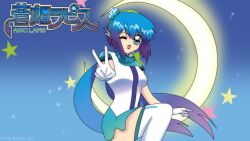90s 90s_anime :d aoki_lapis black_lips black_lipstick blue_background blue_eyes blue_hair blue_scarf blue_skirt diamond_(gemstone) gloves gradient_background gradient_hair green_hairband green_skirt green_star hair_between_eyes hairband logo low_twintails medium_breasts mole mole_on_cheek mole_under_mouth moon open_mouth pale_skin peace_sign pearl pink_star purple_hair reference retro_artstyle scarf shaded_face smiling_at_viewer socks stars twintails vocaloid watermark white_gloves white_shirt white_socks yellow_star