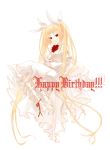  1girl alternate_costume blazblue blonde_hair cake cross-laced_footwear dress flat_chest flower food fork frilled_dress frills hair_ribbon happy_birthday lace-up_heels long_hair noco rachel_alucard red_eyes red_rose ribbon rose sitting solo twintails very_long_hair white_dress 