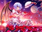  1girl blue_hair devil_wings dress flower hat hat_removed headwear_removed highres looking_down moon namamo_nanase outstretched_hand petals red_eyes red_rose remilia_scarlet ribbon rose short_hair solo sunset touhou wings 