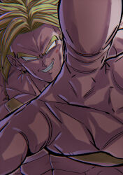  1boy abs absurdres blonde_hair broly_(dragon_ball_z) bruise bruise_on_face chiro_illust commentary_request curtained_hair dragon_ball dragon_ball_z earrings highres hoop_earrings injury jewelry legendary_super_saiyan looking_at_viewer male_focus muscular muscular_male no_pupils nose reaching reaching_towards_viewer ring smirk solo spiky_hair super_saiyan teeth upper_body 