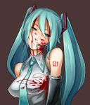  breasts detached_sleeves elbow_gloves eu03 face green_hair grin hair_in_mouth hatsune_miku long_hair mouth_hold necktie smile twintails uniform vocaloid yandere 