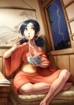  blue_hair cup eating feet food green_eyes highres japanese_clothes kimono lightning long_hair noodles omar_dogan original ramen twintails window 