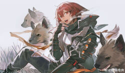  1girl absurdres arknights black_gloves black_jacket black_pants crownslayer_(arknights) dopperu_ben elbow_gloves fingerless_gloves gloves grass highres hood hood_down hooded_jacket hyena hyena_ears hyena_girl jacket looking_at_viewer open_clothes open_jacket open_mouth pants red_eyes redhead short_hair sitting sleeves_past_elbows solo teeth torn_clothes torn_pants upper_teeth_only weibo_watermark 
