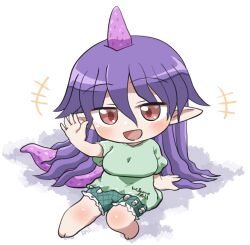  +++ 1girl :d barefoot blush breasts chibi chibi_only commentary_request dot_nose frilled_shorts frills full_body green_shirt green_shorts hair_between_eyes hand_up horns long_hair open_mouth pink_horns purple_hair red_eyes rokugou_daisuke shirt short_sleeves shorts signature simple_background single_horn sitting smile solo t-shirt tail tenkajin_chiyari test_tube touhou white_background 