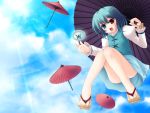  blue_hair geta heterochromia highres long_sleeves no_socks open_mouth oriental_umbrella red_eyes sandals short_hair sky solo takamu tatara_kogasa touhou umbrella wallpaper 