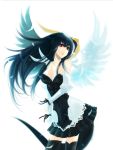  1girl alternate_costume alternate_hairstyle asymmetrical_wings bare_shoulders black_dress black_hair black_legwear breasts detached_sleeves dizzy dress feathered_wings feathers guilty_gear hair_down hair_ribbon highres large_breasts long_hair noco red_eyes ribbon solo strapless_dress tail thighhighs wings zettai_ryouiki 