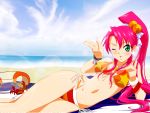  1girl basquash! bikini clouds crab eyebrows female green_eyes jewelry navel pink_hair ponytail puckered_lips rouge sky solo stomach swimsuit wink 