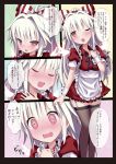  1girl alternate_costume blush bow closed_eyes enmaided fujiwara_no_mokou garter_straps givuchoko hair_bow highres long_hair maid open_mouth red_eyes solo thighhighs touhou translation_request wink 