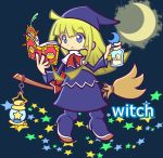  1girl blonde_hair blue_background blue_eyes book boots bottle broom broom_riding character_name crescent_moon dress frown hat kawamochi_(mocchii) long_hair moon official_style puyopuyo solo star witch_(puyopuyo) 