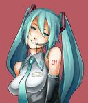  1girl aqua_hair breasts detached_sleeves elbow_gloves eu03 face hatsune_miku long_hair mouth_hold necktie solo twintails uniform vocaloid 