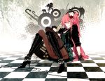  alternate_hairstyle aqua_eyes boots casual fashion flower gloves guitar hair_flower hair_ornament highres instrument jewelry katase_waka long_hair megurine_luka pantyhose pink_hair rose side_ponytail single_thighhigh sitting smile solo thighhighs vocaloid 