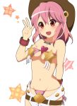  1girl :d alternate_costume arm_behind_back belt bikini bikini_top blush bracelet breasts chaps chibi_arisu cowboy_hat gunslinger_stratos hat heart jewelry katagiri_kyouka midriff navel necklace open_mouth pink_bikini pink_hair red_eyes short_hair side-tie_bikini smile solo star swimsuit under_boob v western 