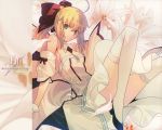  1girl ahoge blonde_hair bow detached_sleeves fate/stay_night fate/unlimited_codes fate_(series) flower green_eyes hair_bow lily_(flower) ponytail saber saber_lily takeuchi_takashi thighhighs thighs wallpaper white_legwear white_thighhighs 