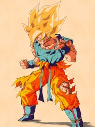  blonde_hair blood blood_from_mouth blue_footwear blue_shirt boots dougi dragon_ball dragon_ball_z fighting_stance full_body highres medium_hair muscular muscular_male orange_pants pants pato007711 red_eyes shirt simple_background son_goku spiky_hair super_saiyan super_saiyan_1 torn_clothes torn_pants torn_shirt 