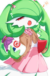  1girl :o ? alternate_hair_length alternate_hairstyle bottle bow bowtie brown_cardigan buttons cardigan clothed_pokemon colored_skin commentary_request fang flat_chest gardevoir green_hair green_skin hair_over_one_eye hair_ribbon half-closed_eyes hands_up highres holding holding_bottle long_hair long_sleeves milk milk_bottle miniskirt moomoo_milk multicolored_skin my_(my_6633) one_eye_covered open_cardigan open_clothes open_mouth pink_bow pink_bowtie pink_ribbon pink_skirt pleated_skirt pokemon pokemon_(creature) ribbon school_uniform shirt simple_background skin_fang skirt solo standing twintails two-tone_skin white_background white_shirt white_skin yawning 