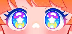  1girl artist_self-insert blue_eyes blush close-up colorful commentary dot_nose eye_focus eyelashes highres indie_virtual_youtuber looking_at_viewer marikyuunn marikyuunn_(vtuber) multicolored_eyes orange_hair solo star-shaped_pupils star_(symbol) symbol-only_commentary symbol-shaped_pupils virtual_youtuber 