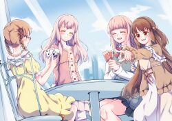  4girls ^_^ absurdres bare_arms black_skirt black_thighhighs blue_sky bow bowtie braid brown_capelet brown_hair brown_jacket building buttons capelet card center_frills city closed_eyes closed_mouth clouds day dot_nose dress dress_shirt elbows_on_table feet_out_of_frame frilled_capelet frilled_dress frilled_sleeves frills frown furrowed_brow glasses grey_vest hair_bow hair_tubes happy highres hiiragi_nemu holding holding_card indoors jacket joker_(playing_card) knees kyubey light_blush long_dress long_hair long_sleeves magia_record:_mahou_shoujo_madoka_magica_gaiden mahou_shoujo_madoka_magica miles0088 miniskirt multiple_girls nervous on_chair one_side_up open_clothes open_jacket open_mouth orange_bow orange_eyes orange_shirt pink_hair pink_skirt playing_card playing_games pleated_skirt pocket pointing pointing_at_another puffy_short_sleeves puffy_sleeves red-framed_eyewear red_bow red_bowtie robe satomi_touka school_uniform shirt short_sleeves siblings side_braids sisters sitting skirt sky skyscraper smile sweater_vest table takarazaki_school_uniform tamaki_iroha tamaki_ui thigh-highs tsurime twin_braids very_long_hair vest waist_bow white_dress white_shirt yellow_dress yellow_robe 