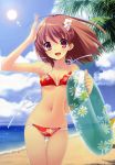  1girl beach bikini blush breasts cute floral_print flower flyable_heart highres inaba_yui innertube itou_noiji navel noizi_itou ocean official_art red_eyes redhead short_hair solo starfish sumer umbrella 