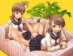  2girls barefoot blush brown_eyes brown_hair c: couch face feet flat_chest futami_ami futami_mami goe hair_bobbles hair_ornament idolmaster lying multiple_girls open_mouth plant school_uniform seifuku serafuku short_hair siblings sisters sitting skirt smile spread_legs twins uniform 