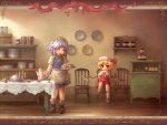  2girls child flandre_scarlet food food_on_face highres izayoi_sakuya licking_lips maid mary_janes red_eyes sankuma shoes table teapot touhou wallpaper whisk wings 