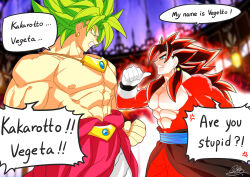  2boys abs absurdres anger_vein aura blue_eyes broly_(dragon_ball_z) clenched_teeth commentary_request dragon_ball dragon_ball_heroes dragon_ball_z earrings english_text gloves gold_earrings highres hoop_earrings jewelry jiajiajiajiaa legendary_super_saiyan long_hair male_focus monkey_boy multiple_boys muscular muscular_male nipples no_pupils pants pointing pointing_at_self pointing_with_thumb potara_earrings red_fur red_pants redhead short_hair speech_bubble spiky_hair spoken_anger_vein super_full_power_saiyan_4_limit_breaker super_saiyan teeth topless_male vegetto vegetto_(xeno) white_gloves 