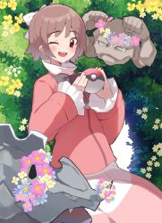  1girl 2024_pokemon_teraleak ;d ^_^ blue_flower blue_shirt blush bow brown_hair character_request check_character closed_eyes flower flower_wreath geodude hair_bow head_wreath highres holding holding_poke_ball lady_(pokemon) long_sleeves looking_at_viewer one_eye_closed open_mouth pink_flower poke_ball poke_ball_(basic) pokemon pokemon_(creature) pokemon_colosseum purple_footwear rhyhorn shirt short_hair skirt smile teeth upper_teeth_only w_arms white_bow white_skirt yellow_flower yumekamaborosh 