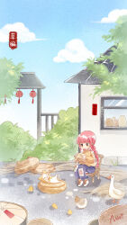  1girl animal artist_request bird blue_pants blue_sky blunt_bangs blush_stickers braid brown_eyes bush cat chick chicken chinese_commentary chinese_text closed_mouth clothed_animal clouds collared_shirt commentary_request copyright_name day deformed denim dot_nose eyelashes fence full_body goose grass happy heart highres holding house jeans lantern light_particles long_hair long_sleeves looking_at_object low_twin_braids momo_(nikki) nest nikki_(nikki) nikki_(series) object_request official_art on_chair outdoors pants paper_lantern patch pink_hair pom_pom_(clothes) puffy_long_sleeves puffy_sleeves second-party_source shining_nikki shirt shoes sitting sky smile straw_(stalk) translation_request twin_braids vase very_long_hair white_cat white_footwear yellow_shirt 