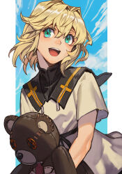  1girl :d blonde_hair blue_background blue_eyes border bridget_(guilty_gear) cowboy_shot dress female_focus guilty_gear hankuri highres holding holding_stuffed_toy open_mouth short_hair solo stuffed_animal stuffed_toy teddy_bear white_border white_dress 