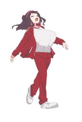 1girl =_= blush breasts closed_eyes collarbone exhausted eyebrows eyelashes floating_hair full_body furrowed_brow gym_shirt hair_bun hairband head_back highres huge_breasts jacket long_hair long_sleeves open_clothes open_jacket open_mouth original osakana_(kitasisn) pants red_hairband red_jacket red_pants red_track_suit sakisaka-chan_(sakanazaka) shirt shirt_tucked_in shoes simple_background sneakers solo sportswear standing sweat track_jacket track_pants walking white_background white_footwear white_shirt