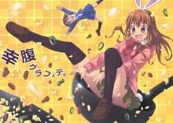  3girls blue_dress blue_sailor_collar brown_eyes brown_hair food green_necktie green_neckwear koufuku_graffiti long_hair looking_ahead looking_at_viewer looking_away machiko_ryou medium_hair morino_kirin multiple_girls necktie neckwear orange_shirt pink_shirt purple_hair red_eyes redhead sailor_collar sailor_dress school_uniform shiina_(koufuku_graffiti) shirt violet_eyes yellow_shirt yuri 