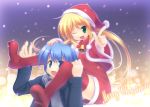  2girls ayasaki_hayate bell blonde_hair blue_eyes blue_hair blush carrying christmas green_eyes hat hayate_no_gotoku! highres hoppege one_eye_closed open_mouth panties red_thighhighs santa_costume santa_hat sanzen&#039;in_nagi sanzenin_nagi scarf shoulder_carry thighhighs underwear wink 