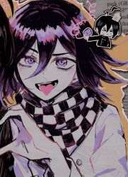  &gt;_&lt; 2boys absurdres ahoge bishounen black_hair buttons checkered_clothes checkered_scarf collage_background danganronpa_(series) danganronpa_v3:_killing_harmony eyelashes ff9900 flipped_hair hair_between_eyes heart heart_hands highres long_sleeves looking_at_viewer male_focus multiple_boys oma_kokichi open_mouth orange_background out_of_frame purple_hair ringed_eyes saihara_shuichi scarf short_hair smile solo_focus teeth tongue tongue_out two-tone_scarf upper_body violet_eyes 