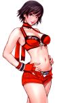  1girl bangs bare_shoulders breasts cleavage closed_mouth cropped_legs feet_out_of_frame female fingerless_gloves gloves hands_on_hips hinomoto_reiko medium_breasts midriff mole navel open_fly red_gloves red_shorts reiko_hinomoto rumble_roses short_hair short_shorts shorts simple_background sleeveless solo standing unzipped white_background yamashita_shun&#039;ya 