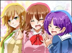 3girls blonde_hair blue_dress blue_sailor_collar brown_eyes brown_hair dress green_eyes green_necktie green_neckwear koufuku_graffiti long_hair machiko_ryou medium_hair morino_kirin multiple_girls necktie neckwear orange_shirt pink_shirt purple_hair red_eyes redhead sailor_collar sailor_dress school_uniform shiina_(koufuku_graffiti) uniform violet_eyes white_shirt yuri 金曜日