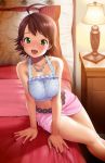  1girl ahoge bed blush breast_squeeze breasts brown_hair crop_top green_eyes hoshii_miki idolmaster lunch_(artist) midriff short_hair sitting skirt solo the_idolm@ster 