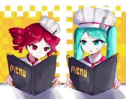  2girls :< blue_eyes blue_hair commentary commentary_request drill_hair english_commentary fork hatsune_miku highres holding holding_menu kasane_teto long_hair looking_at_another looking_to_the_side menu mixed-language_commentary multiple_girls obsolete_meat_(vocaloid) open_mouth pink_eyes pink_hair skellychan twin_drills twintails utau vocaloid 