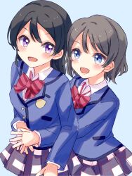  absurdres black_hair blue_eyes blush bow bowtie brown_hair highres hug hug_from_behind love_live! love_live!_sunshine!! multiple_girls necktie open_mouth osoba_(osobaomochi) plaid_clothes plaid_skirt school_uniform short_hair skirt smile violet_eyes watanabe_tsuki watanabe_you 