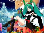  1girl boots christmas christmas_tree dress elbow_gloves food gift gloves hatsune_miku headset ice_cream ko-on_(ningen_zoo) legs reindeer scarf skirt smile snow solo tree twintails vocaloid 