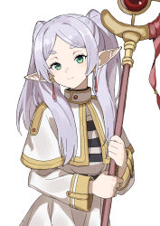  1girl absurdres bad_id bad_twitter_id capelet closed_mouth earrings elf frieren gazacy_(dai) green_eyes grey_hair highres holding holding_staff jewelry long_hair long_sleeves looking_at_viewer mage_staff parted_bangs pointy_ears simple_background smile solo sousou_no_frieren staff twintails upper_body white_background white_capelet 