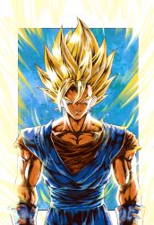  1boy absurdres art_study blonde_hair blue_background blue_eyes blue_pants blue_sash blue_vest blue_wristband border chinese_commentary commentary_request curtained_hair dragon_ball dragon_ball_z earrings highres jewelry long_bangs male_focus medium_hair muscular muscular_male nose orange_shirt outside_border pants pectoral_cleavage pectorals potara_earrings sash serious shank shirt short_sleeves smirk solo spiky_hair super_saiyan super_saiyan_2 teeth upper_body v-shaped_eyebrows vegetto vest white_border yellow_aura 