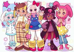  5girls absurdres animal_ears animal_hat apple_print beret blonde_hair bow brown_hat cat_hat cinnamoroll coat colored_inner_hair commentary dark-skinned_female dark_skin dog_ears dog_hat english_commentary fake_animal_ears full_body fur-trimmed_coat fur_trim fuwa_fuwa_cinnamoroll genderswap genderswap_(mtf) hat hello_kitty hello_kitty_(character) highres hijab humanization kuromi looking_at_viewer marikyuunn multicolored_hair multiple_girls my_melody onegai_my_melody overall_skirt pants personification pink_hair plaid_clothes plaid_pants pompompurin purple_hair rabbit_ears sanrio short_hair skull standing twintails white_coat white_hair 